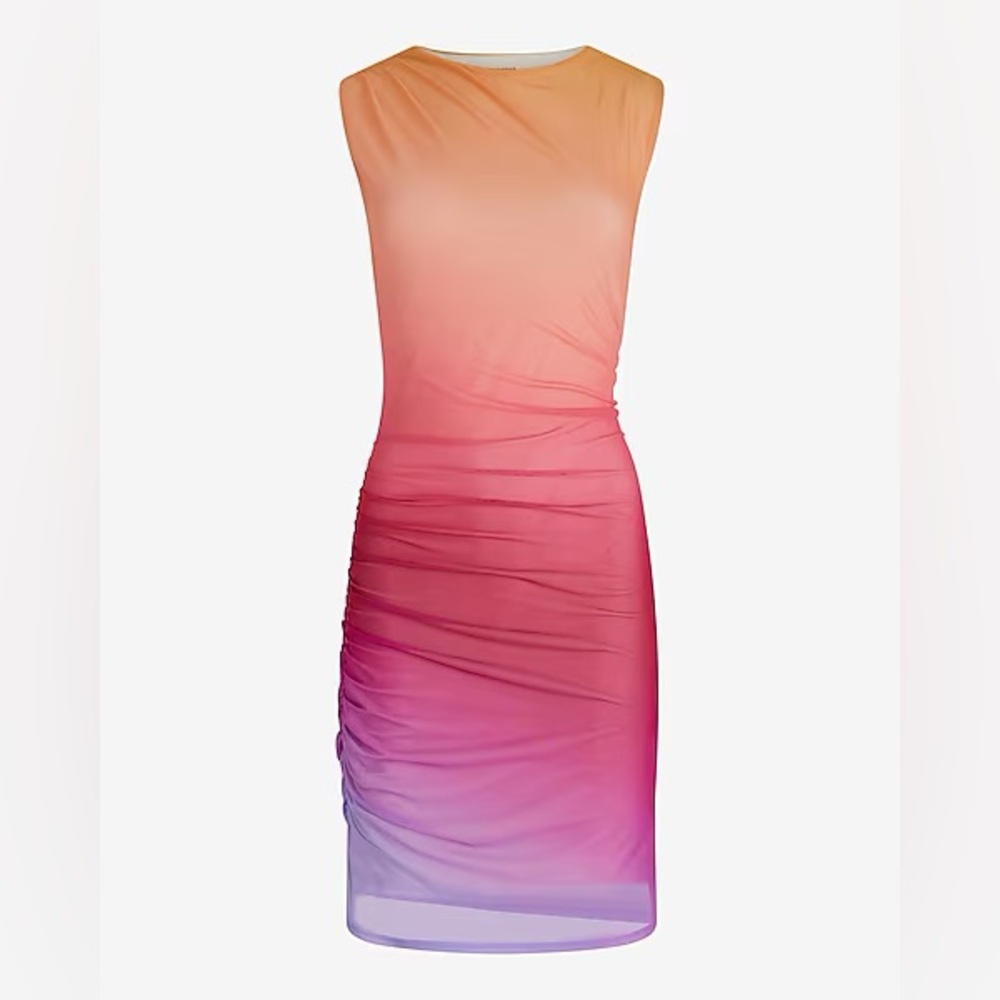 Express Ombré Mesh High Neck Sleeveless Ruched Sheath Dress - Picture 2 of 11